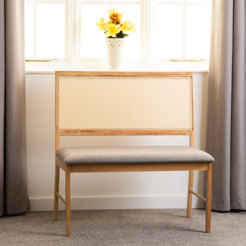 Ellis 2 Seater Bench in Oak Effect with Rattan Back and Grey Fabric
