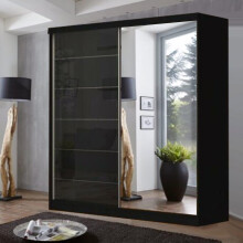 (Black, 200) MN Furniture Sliding Door Wardrobe with Mirror, Shelves & Hanging Rail