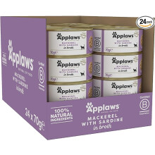 Applaws 100% Natural Wet Cat Food Tins, Mackerl with Sardine in Broth 70 g for Adult Cats (24 x 70 g Tins)
