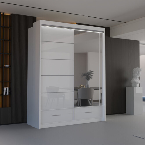 MN Furniture (White, 150) Malega High Gloss Sliding Mirror Door Wardrobe 1