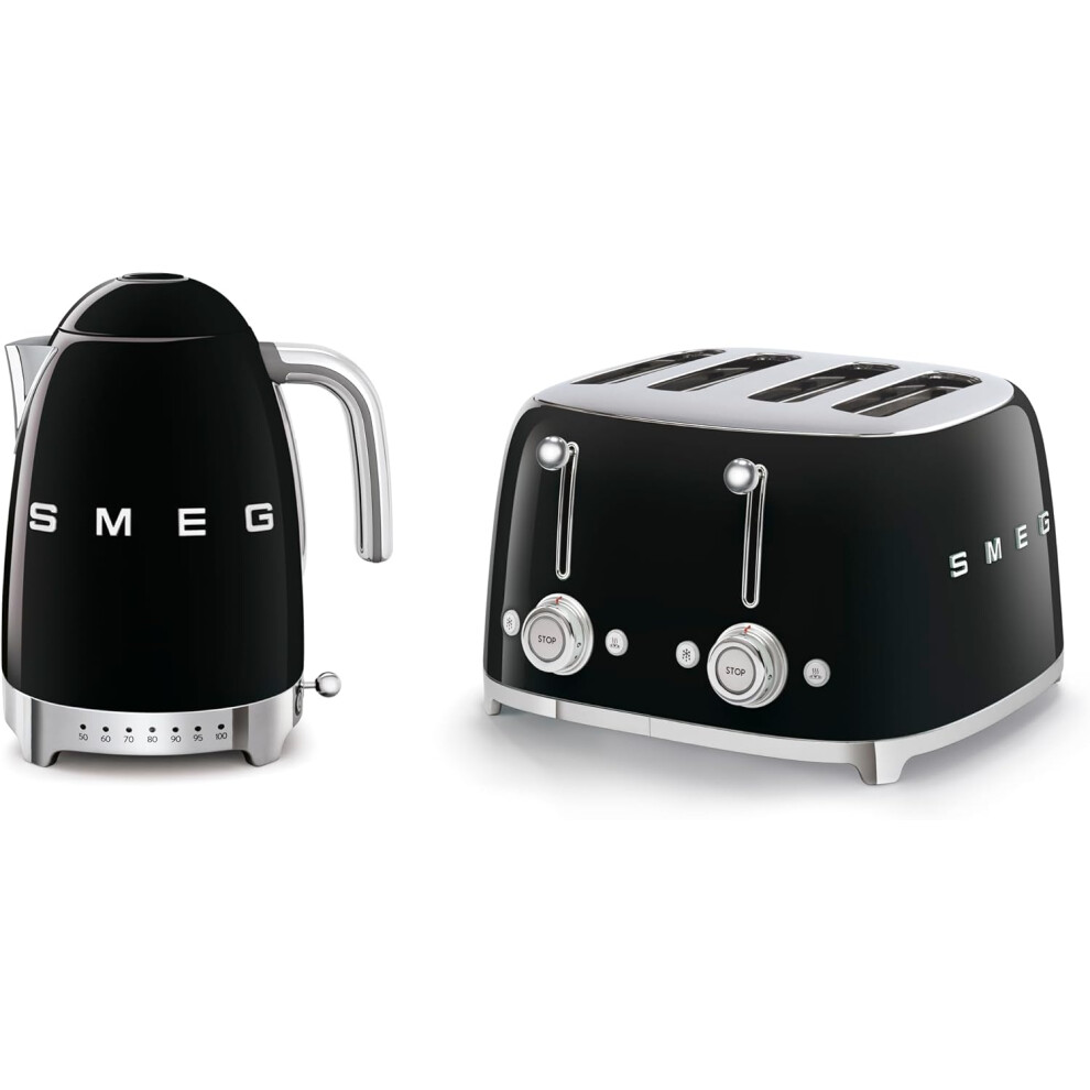 Smeg KLF04BLUK Jug Kettle with 7 Temperature Settings , 3KW, 1.7L & TSF03BLUK 4 Slice Toaster, Extra Wide Slots, Black