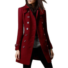 (red, L) Women's Military Style Stand Collar Woolen Coat Double Breasted Woolen Blends Coat