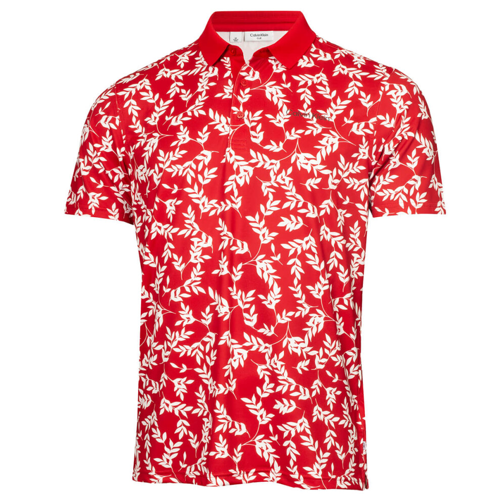 (L, Red-White) Calvin Klein Mens 2024 Leaf Print Moisture Wicking Easy Care Golf Polo Shirt