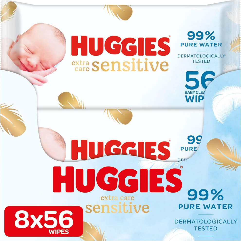 Huggies Pure Extra Care, Baby Wipes 8 Packs 448 Wipes Total Fragrance Free Wet Wipes for Sensitive Skin 99 Percent Pure Water with Natural Fibres