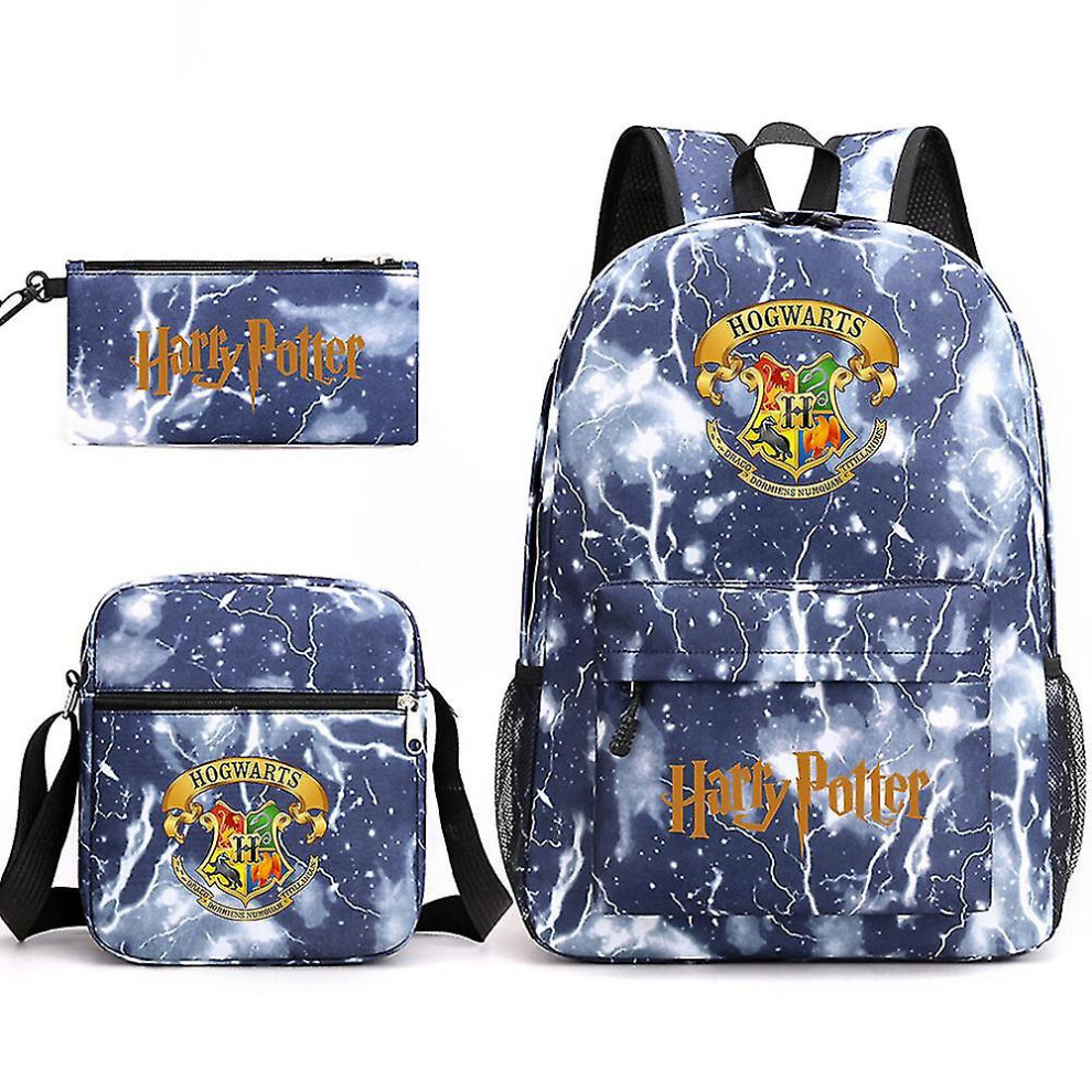 (lightning blue) Children's Harry Potter Three-piece School Bag Printed Large Capacity Outdoor Backpack#12