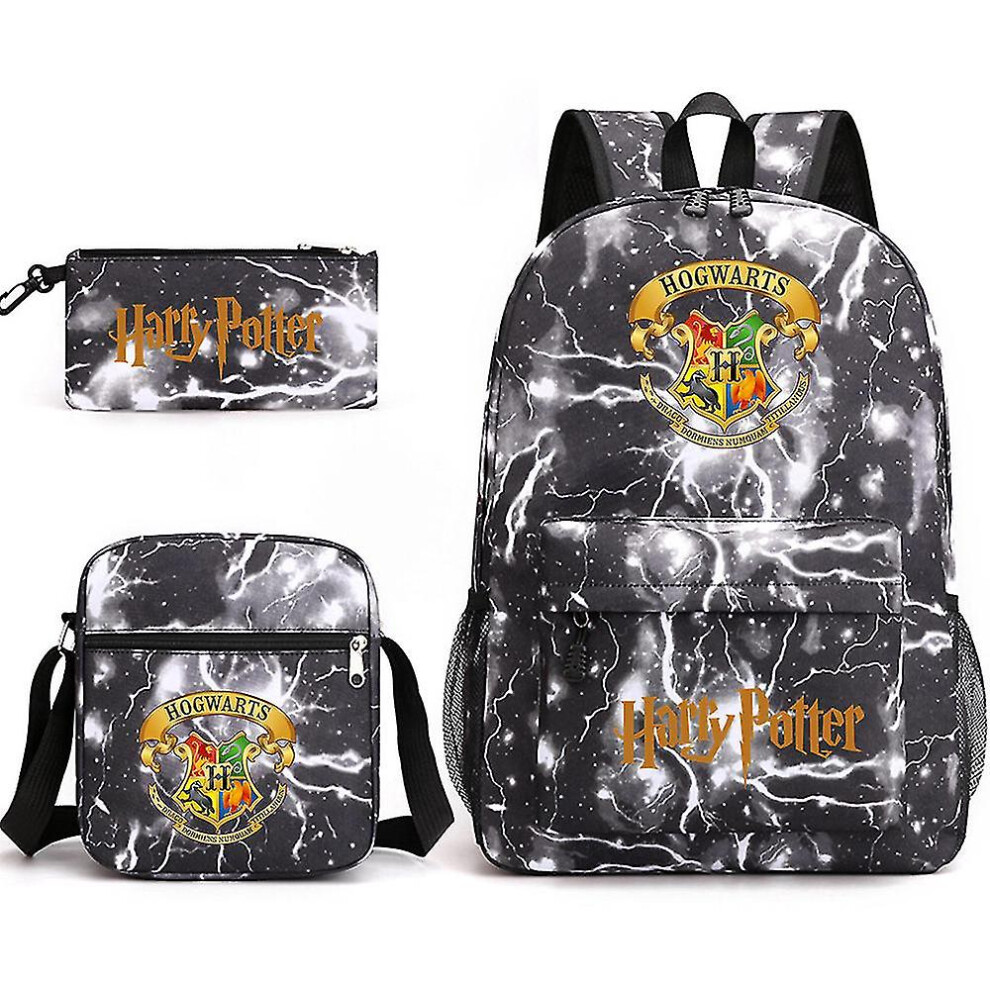 (lightning black) Children's Harry Potter Three-piece School Bag Printed Large Capacity Outdoor Backpack#12