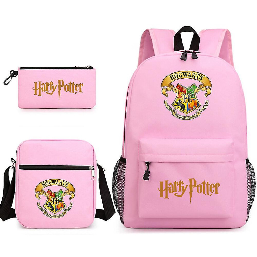 (pink) Children's Harry Potter Three-piece School Bag Printed Large Capacity Outdoor Backpack#12