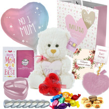 Hamper Gift Set for Mum - Teddy Bear, Chocolates, Photo Frame, Balloon, Heart Tin, Keyring, Gift Bag - Birthday Gifts