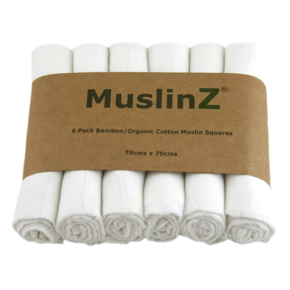6Pk Luxury Bamboo/Organic Cotton Muslin Squares - White Muslinz