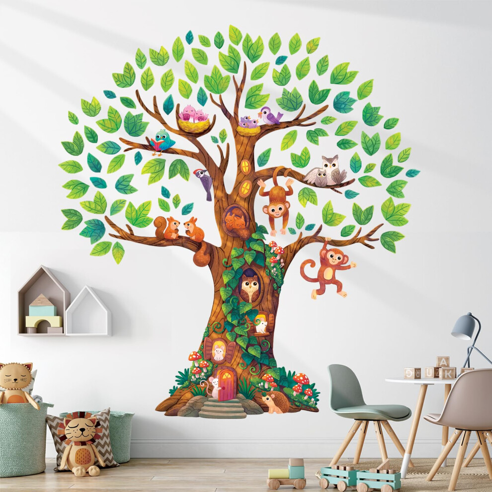 Dl4-2303 Giant Woodland Tree Wall Stickers Animals Monkey Decals For Kids Bedroom Nursery Wall Art Diy Family Living Decowall