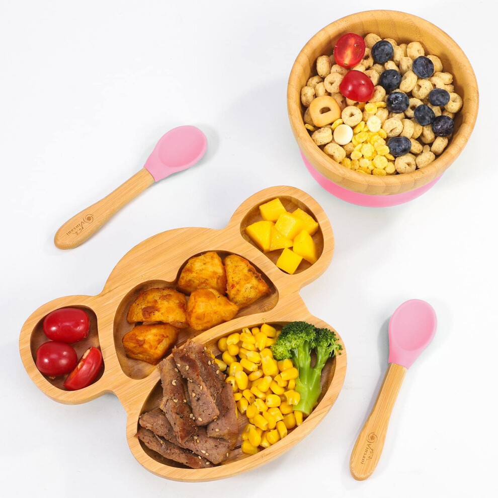 Vinsani Bamboo Monkey Plate Bowl And Spoon Set For Baby Toddler Kids Childen, Suction Plate, Stay-Put Non-Slip Base Design,