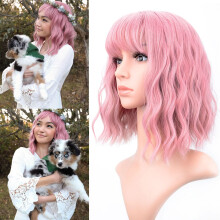 Pastel Wavy Wig With Air Bangs Women's Short Bob Purple Pink Wig Curly Wavy Shoulder Length Synthetic Cosplay Colorful