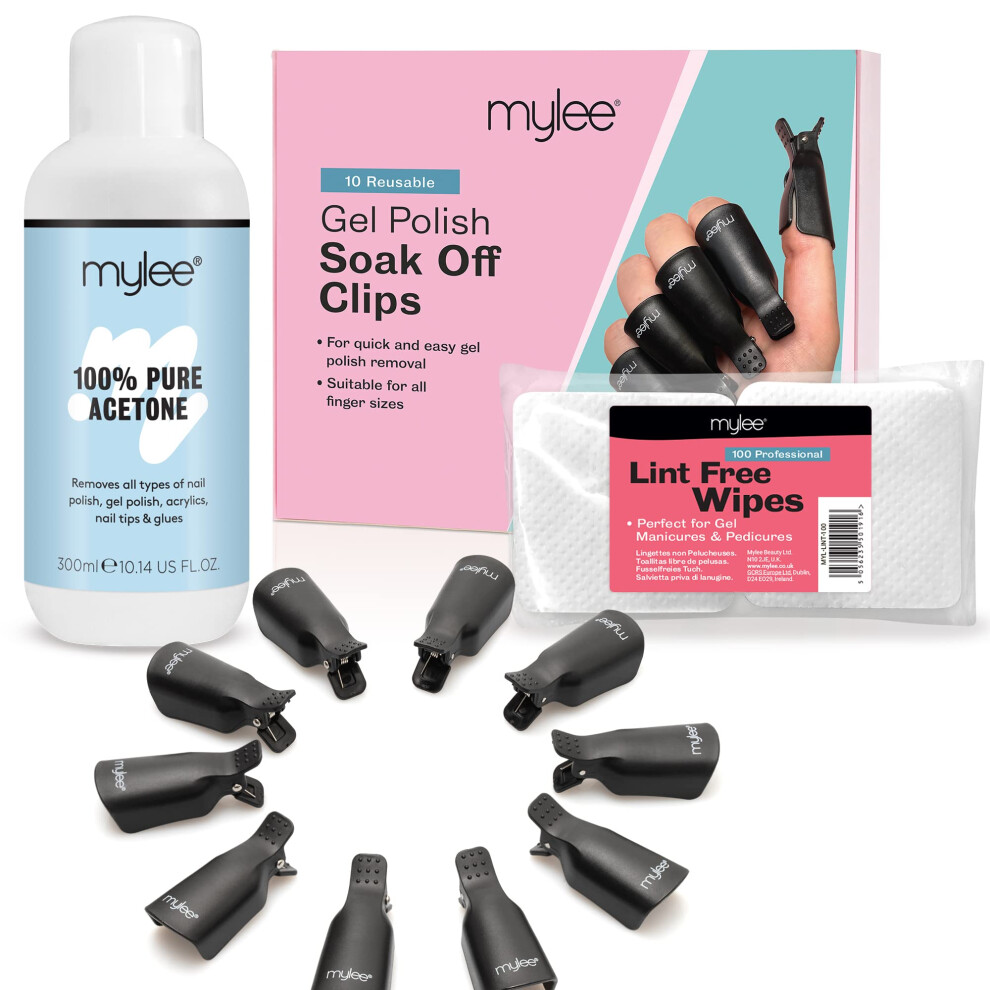 Gel Nail Polish Remover Set - Pure Acetone 300ml + 100pcs Lint Free Wipes + 10pcs Soak Off Nail Clips - Gel Nail Polish