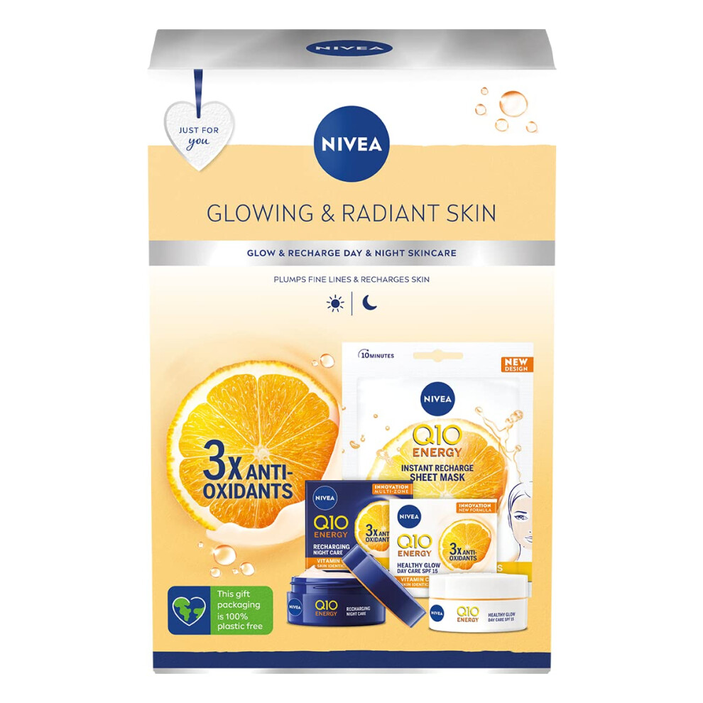 Glowing & Radiant Gift Set (3 Pieces), NIVEA Gift Set Includes 100% Skin Identical Q10 Enriched Day Cream, Night Cream,