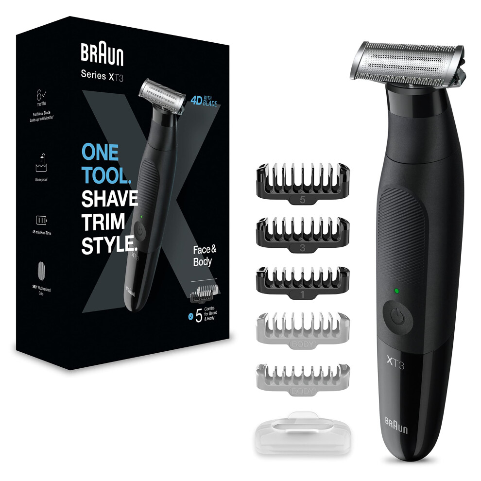 Braun Men's Series Xt3 One Blade Hybrid Beard & Stubble Trimmer, Electric Shaver For Body Groomer For Manscaping, Gifts For