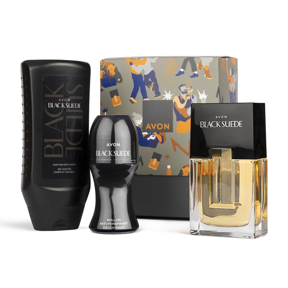 Black Suede Three Piece Gift Set with Black Suede EDT 75ml, Roll-On Anti-Perspirant Deodorant 50ml and Hair & Body Wash