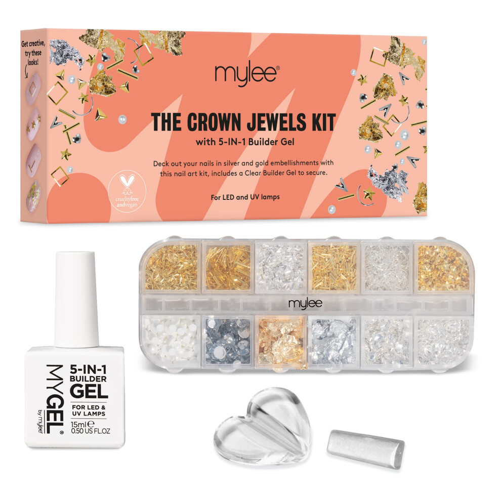 Crown Jewels Nail Art Kit, 12-Piece Set + 5 in 1 Clear Builder Gel, Silver & Gold Decorations, Metal Rhinestones Studs,