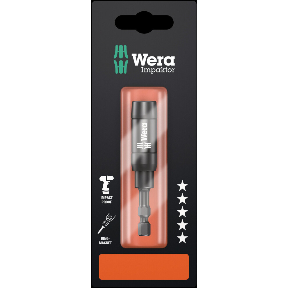 Wera 897/4 Imp R Sb Impaktor Tritorsion Bit Holder With Retaning Ring And Ring Magnet, 1/4" Hex Drive X 75 Mm, 05073990001