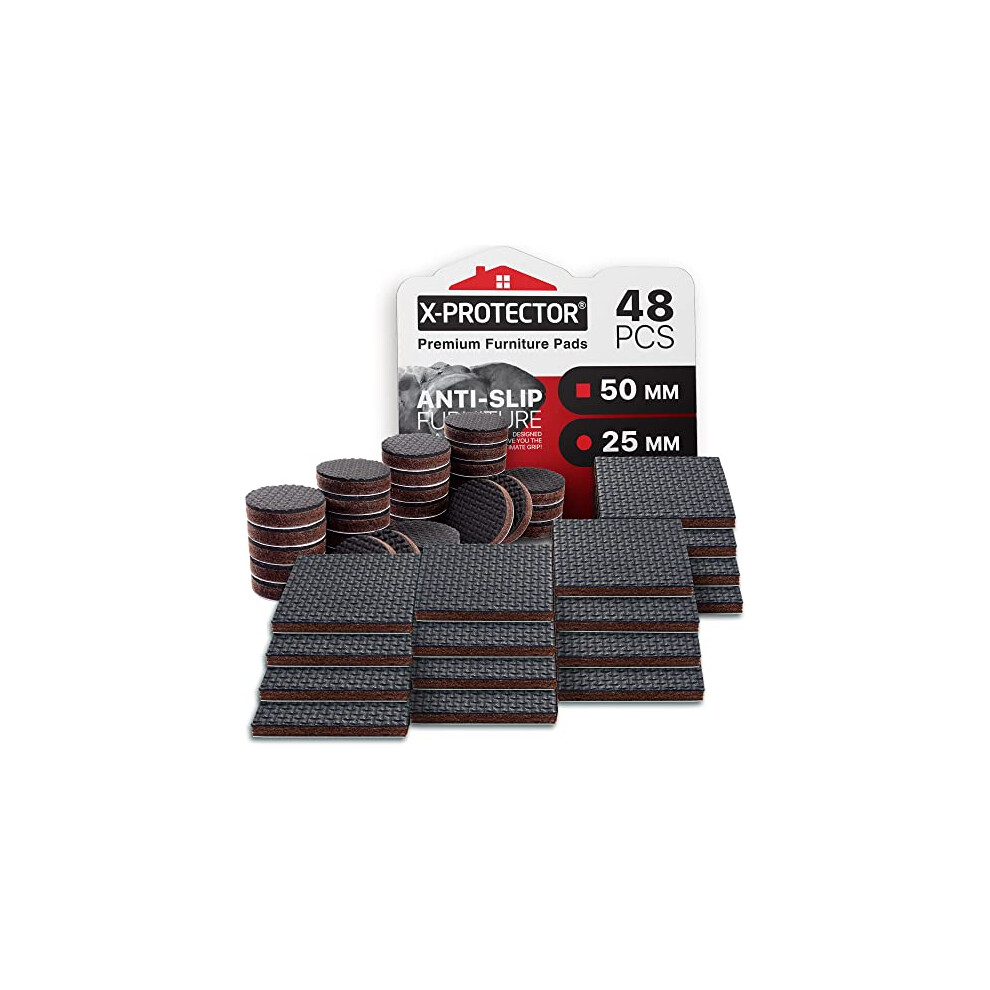 Non-Slip Furniture Pads X-PROTECTOR 48 PCS – 32 Round 25mm & 16 Square 50mm Rubber Furniture Pads – Self-Adhesive