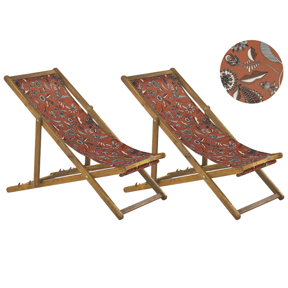 Set of 2 Acacia Folding Deck Chairs and 2 Replacement Fabrics Light Wood with Off-White / Red Floral Pattern ANZIO