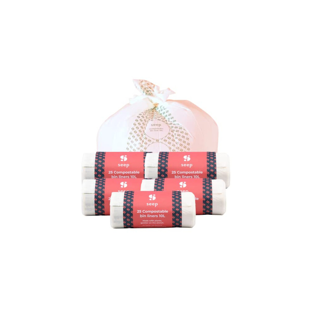 Seep Compostable 10 Litre Bin Bags X 125 Bags - 10L Eco Friendly Bin Liners - Food Waste Caddy Liners - Biodegradable Waste