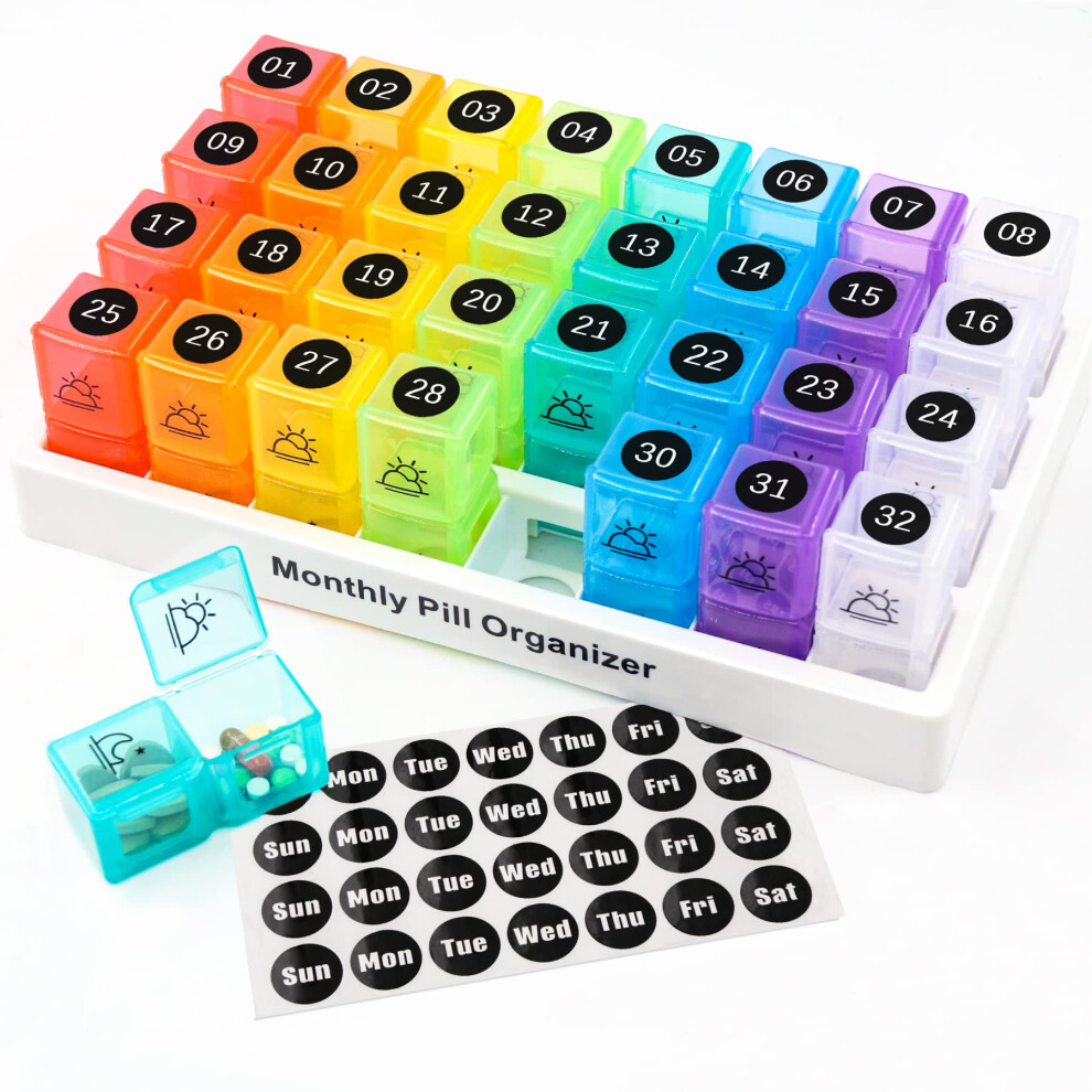 Newthinking Monthly Pill Box Organiser, Large Capacity Am Pm Pill Box Case With 32 Removable Compartments And Marking Stickers,
