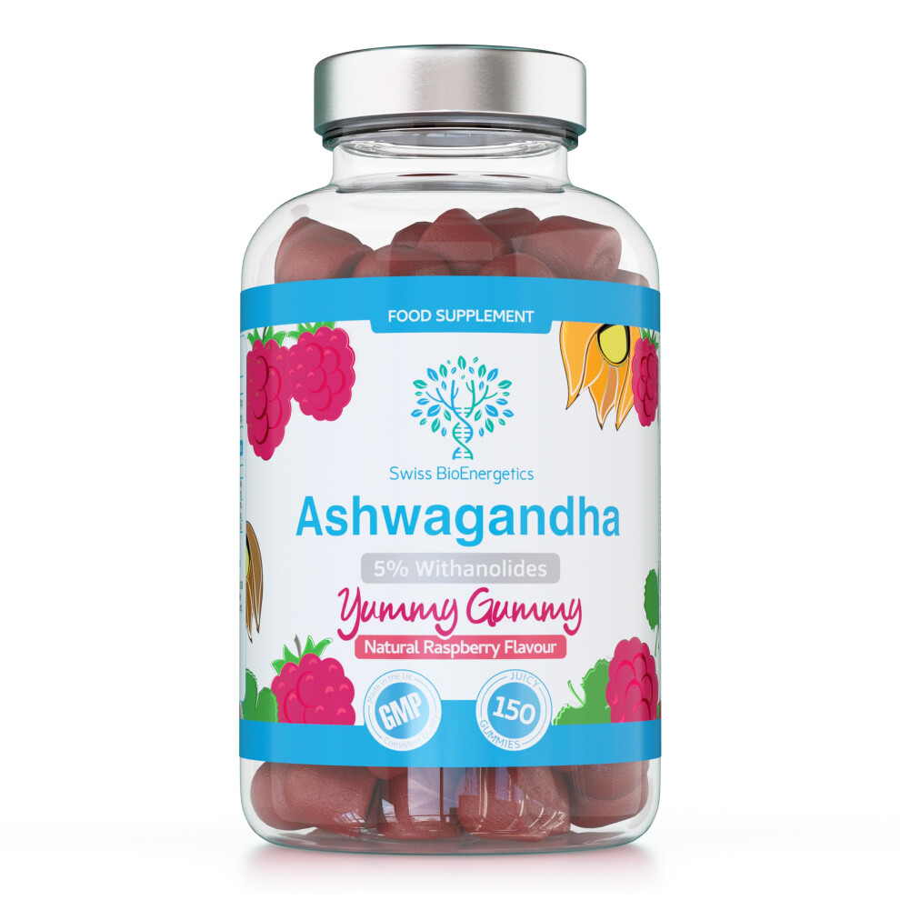 Swiss Bioenergetics Ashwagandha Gummies - 150 Natural Raspberry Flavoured Chewable & Yummy - 1200Mg High Strength Serving With 5%