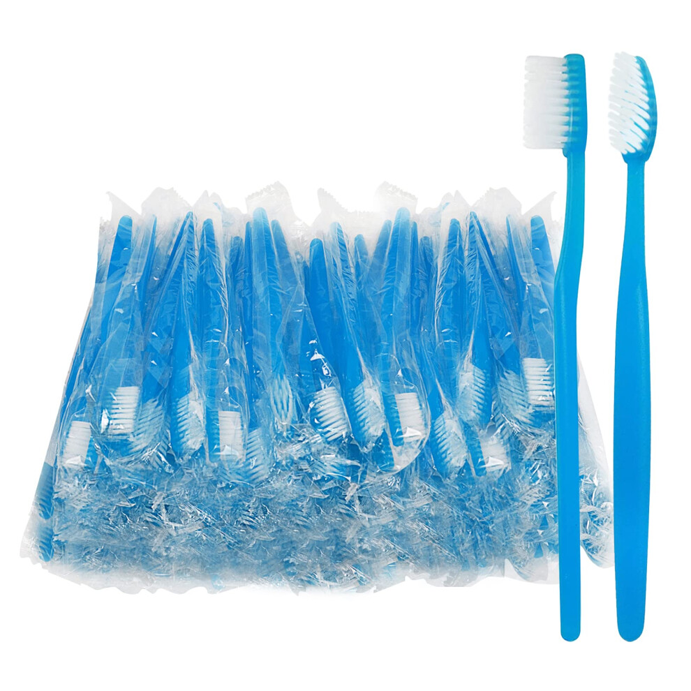 Fozkiery Blue Handle Toothbrushes Individually Wrapped, Multipack Disposable Toothbrushes For Hotel, Travel (100)