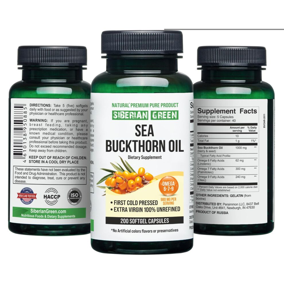 Siberian Green Siberian Sea Buckthorn Oil Capsules 200 Softgels | From Wild-Harvested Siberian Sea Buckthorn Berries | Oil Cold Pressed