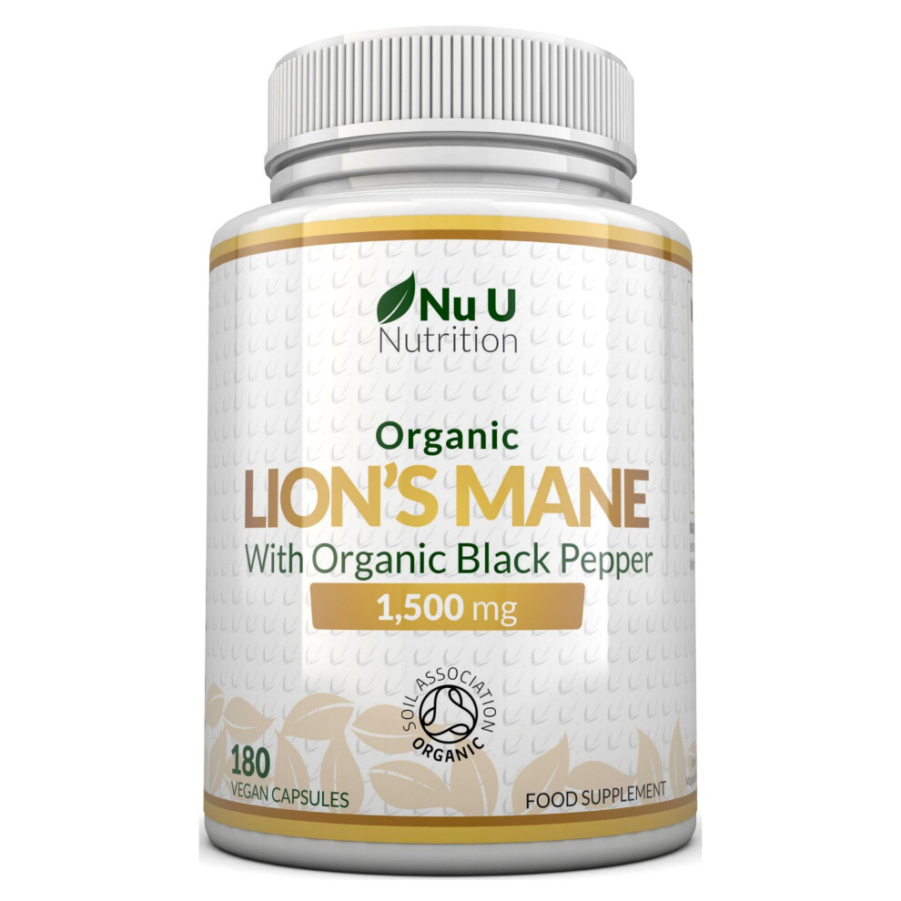 Nu U Nutrition Organic Lions Mane Supplement 1500Mg - 180 Vegan Capsules - 6 Month Supply - 30% Polysaccharides - Lion's Mane With