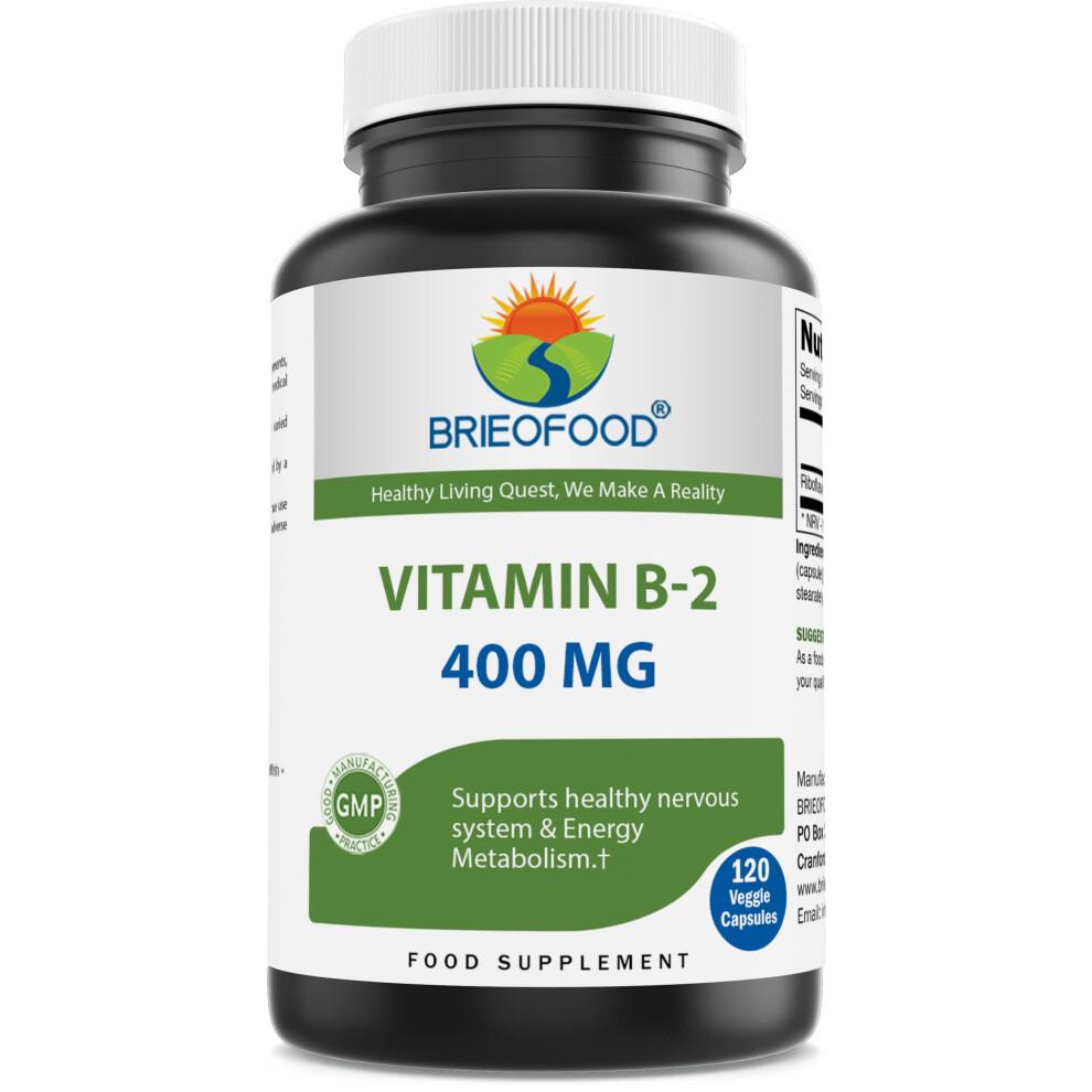 Brieofood Vitamin B2 (Riboflavin) 400Mg, 120 Veggie Capsules - Gluten Free, Non-Gmo