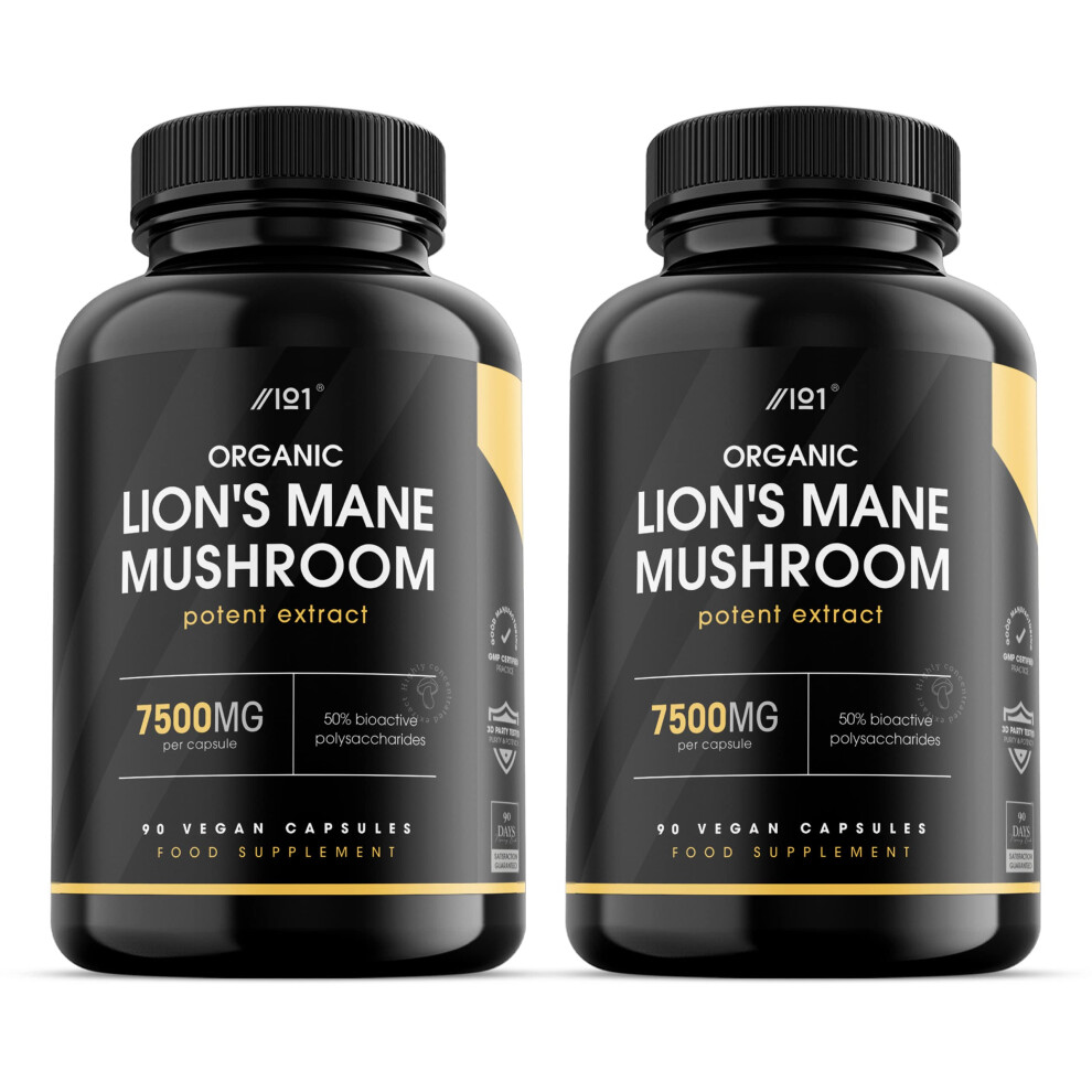 Organic Lion's Mane Mushroom 7500mg | 50% Polysaccharides | Made with BioPerine | High Strength Hericium Erinaceus