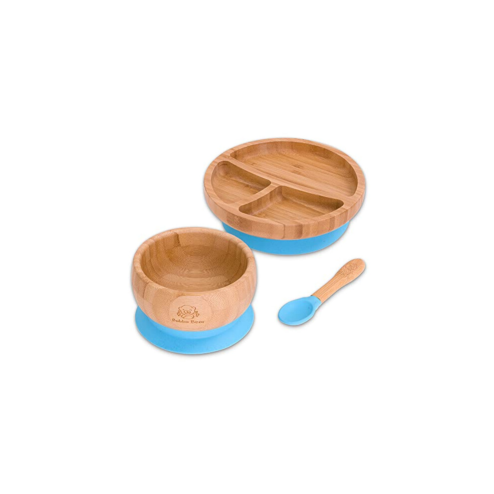 Bubba Bear Baby Bamboo Suction Bowl, Plate & Spoon Set | Stay Put Toddler Led Feeding Bowls & Plates | Guide To Weaning Ebook