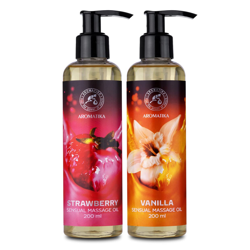 Aromatika Trust The Power Of Nature Sensual Massage Oil Set 2 X 200Ml - Strawberry & Vanilla - Blend Of Almond & Grapeseed Oils - Edible & Kissable Massage