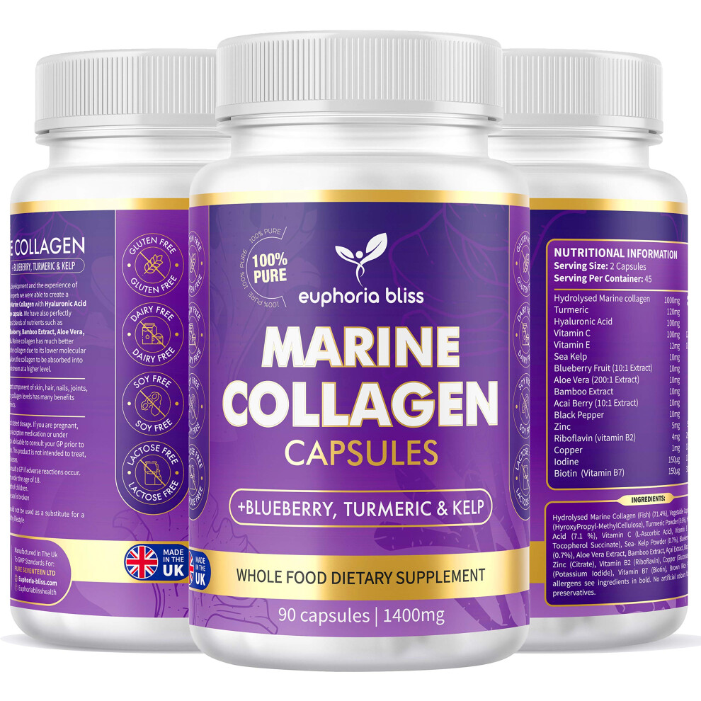 Euphoria Bliss High Strength Marine Collagen Tablets - Skin, Hair, Nails & Joints - Fortified With Hyaluronic Acid, Blueberry, Biotin,