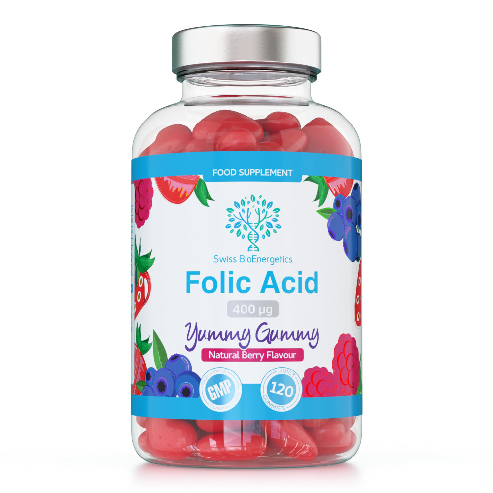 Swiss Bioenergetics Folic Acid Gummies - 400Î¼G, 120 Natural Berry Flavoured & Vegan Gummies - High Strength Vitamin B9 Folic Acid Pregnancy