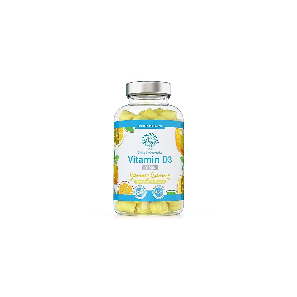 Swiss Bioenergetics Vitamin D3 Gummies 25Âµg 1000Iu - 150 Natural Lemon Flavour Chewable Yummy Gummies - 5 Month Supply - Made In The Uk