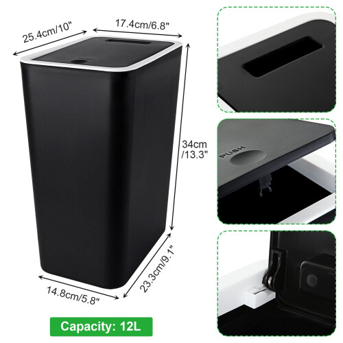 12L Touch Top Bin Kitchen Waste Bins Plastic Rubbish Trash Can Bathroom ...