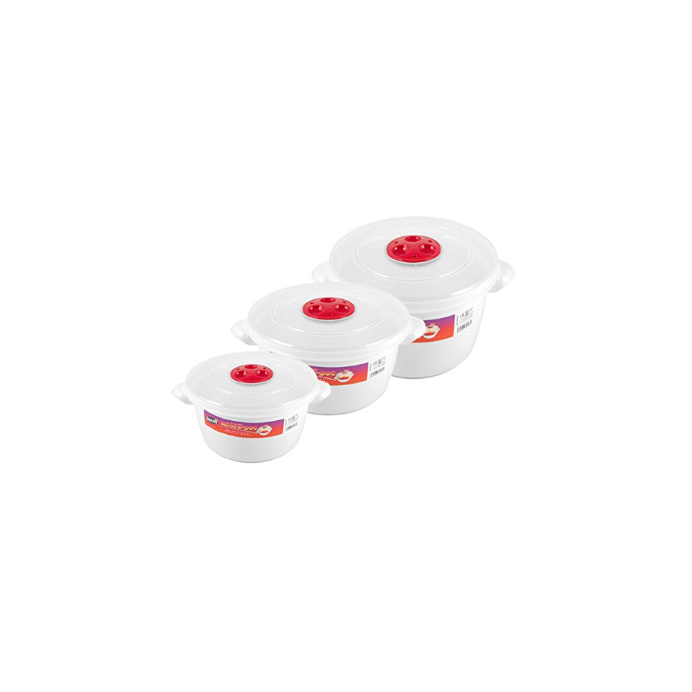 Bs Pack Of 3 Microwave Heating Food Cooking Pot Container With Ventilated Lid 1.5L, 2L & 3L