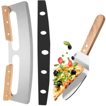 Pizza Cutter - Large Metal Pizza Slicer with Protective Cover & Wooden Handle + Cake Server Shovel, Stainless Steel