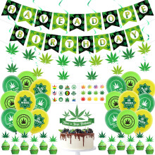 Pot Weed Birthday Party Decorations, Birthday Banner, 6 Leaf Hanging Swirl, 12 Pot Leaf Cake Toppers, 24 Stickers, 30