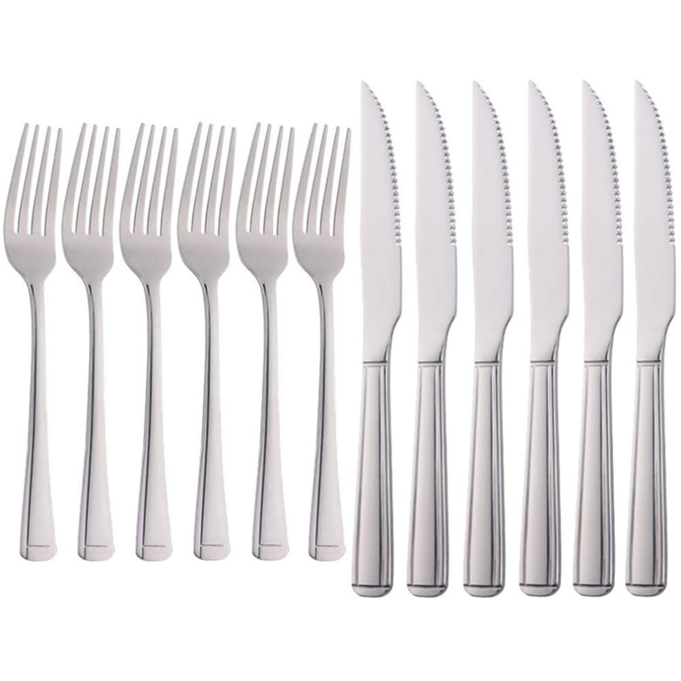 Meisha Harley Pattern Steak Knife and Fork Set, Silver Table Knife Set, 6 Steak Knives & 6 Dinner Forks, Stainless Steel