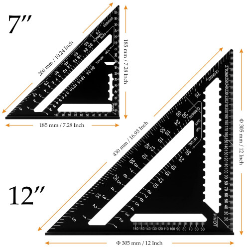 7 Inch and 12 Inch Triangle Ruler, High Precision Aluminium Alloy Triangle Ruler, Black Square Protractor Layout 1