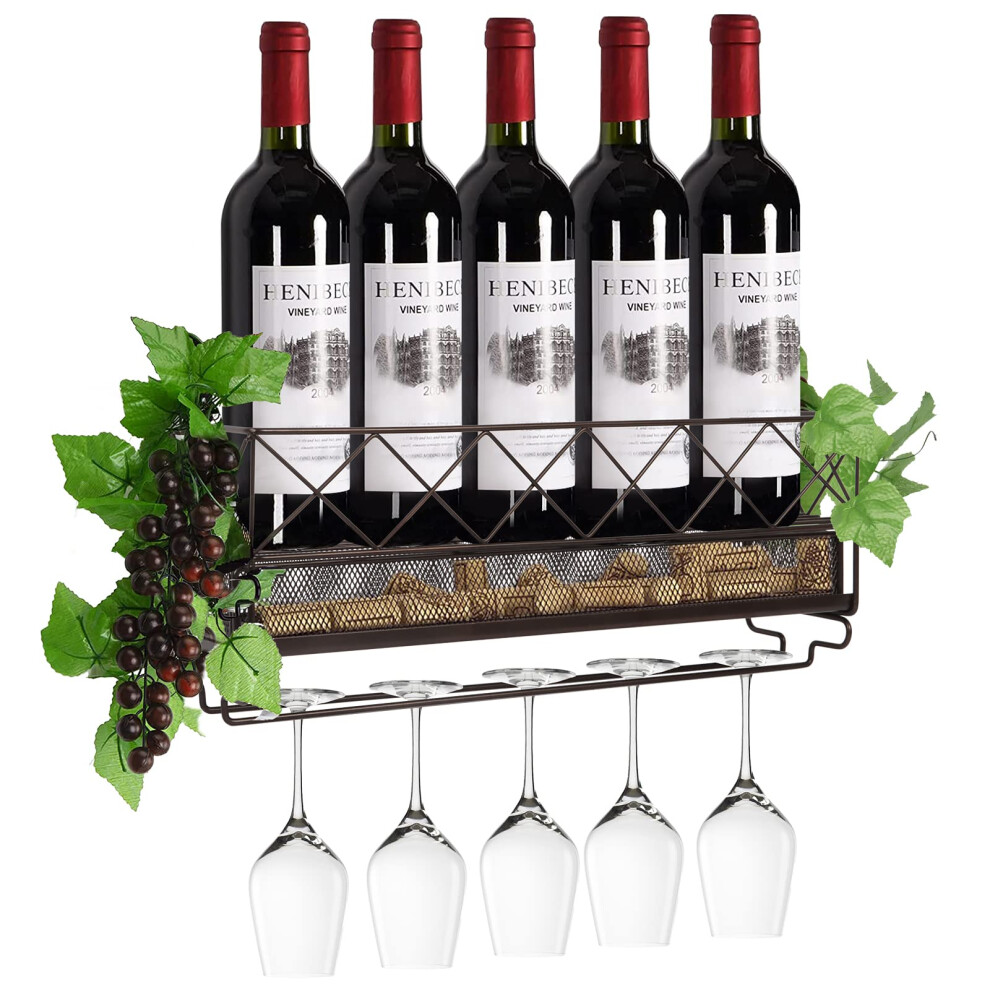 Wall Mounted Wine Rack with Glass Holder Metal Wine Shelf Champagne Bottle Holder Hanging Rustic Wine Holder Floating