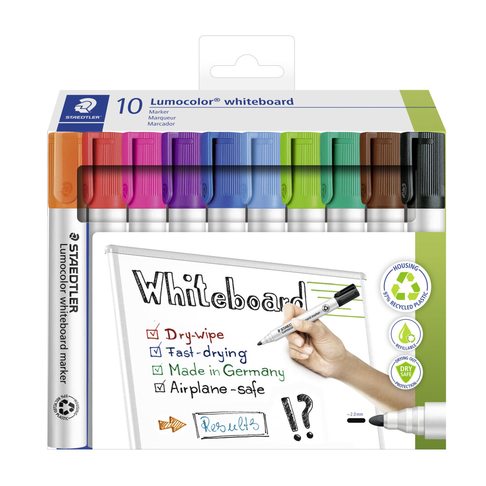 Staedtler 351 C10 Lumocolor Whiteboard Marker, Bullet Tip 2.0Mm Line Width - Assorted Colours (Card Pack Of 10)