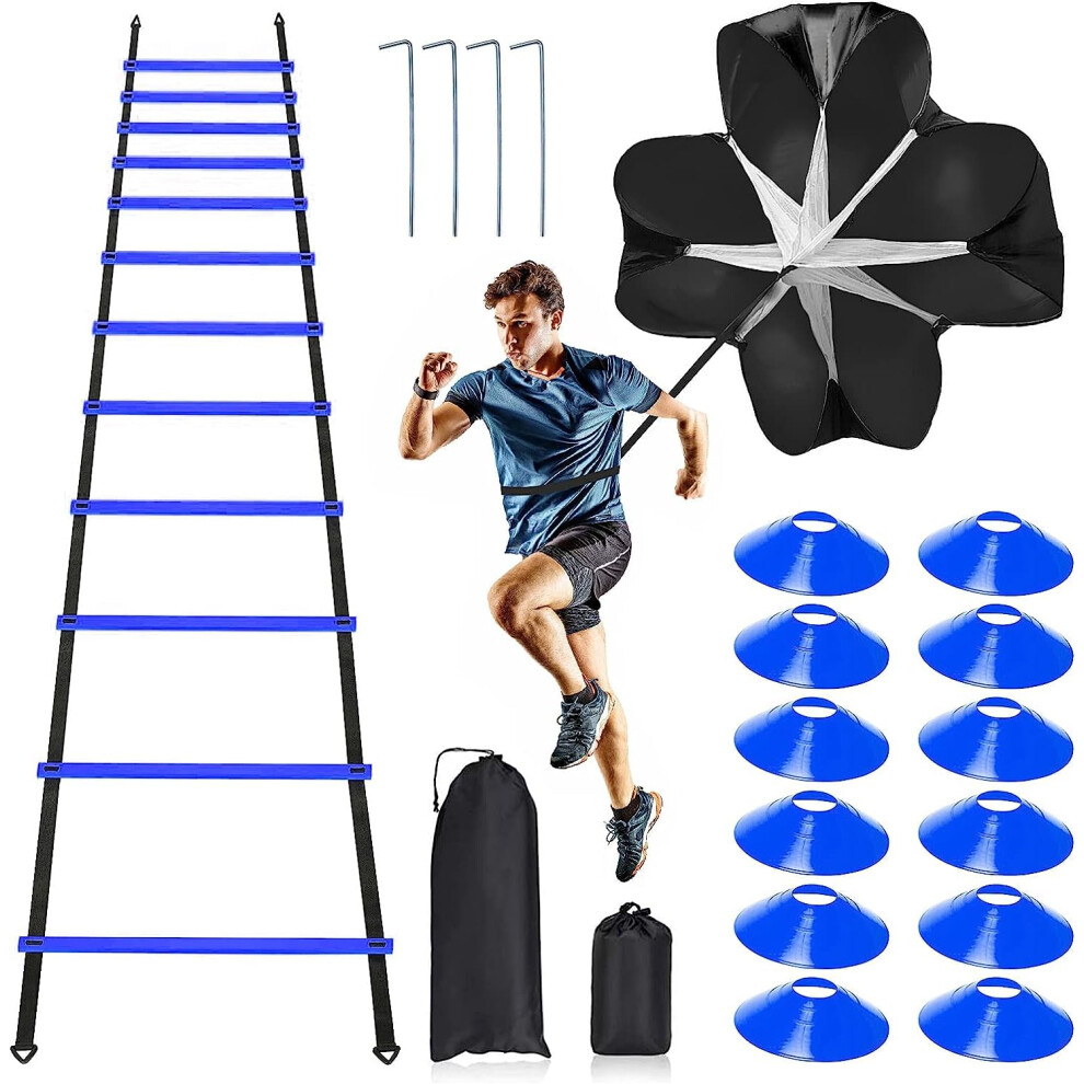 Pro Speed Agility Training Set,Includes 12 Rung 20ft Adjustable Agility Ladder with Bag,12 Sports Cones,4 Steel Stakes,1