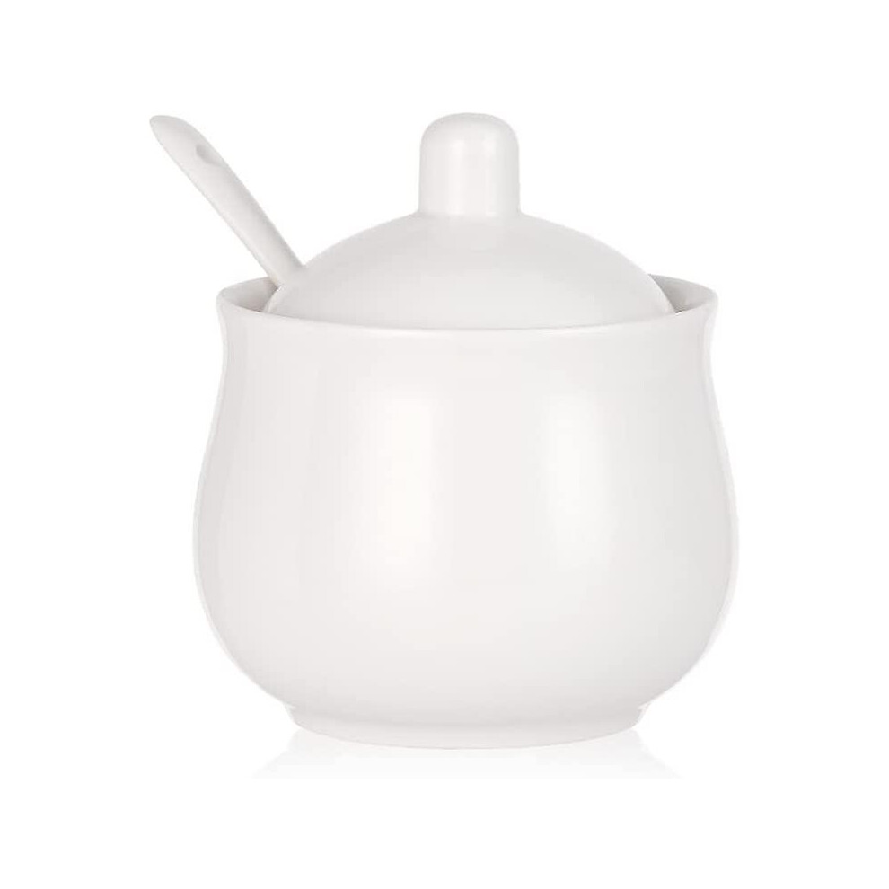 Ceramic Sugar Bowl With Lid And Spoon, Porcelain Sugar Salt Pepper Storage Jar, 7 Ounces White