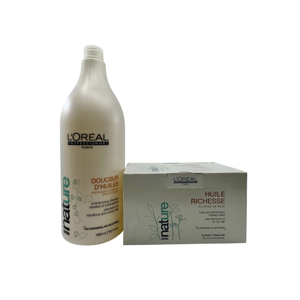 L'Oreal Douceur D'Huiles Shampoo 50.7 OZ & Huile Richesse Pre Shampoo Oil 15x2ml