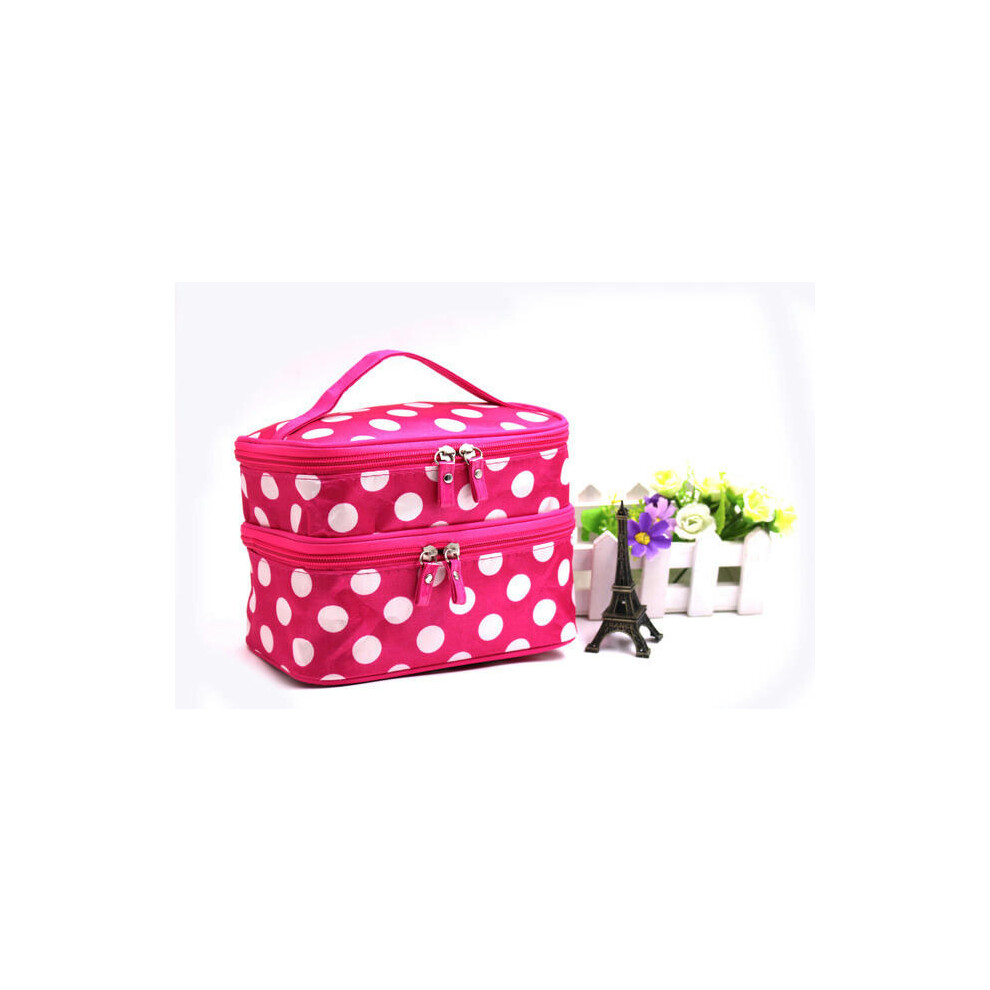 (Double -layer large dot rose white dot) New Double -Layer Makeup Bag Large Large -Capacity Waterproof Washing Storage Bag, Portable Travel Makeup Box