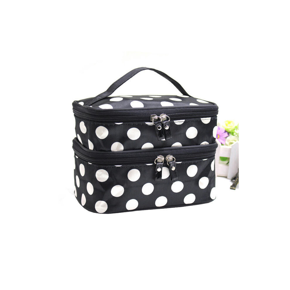 (Double -layer large dot black and white dot) New Double -Layer Makeup Bag Large Large -Capacity Waterproof Washing Storage Bag, Portable Travel Makeu